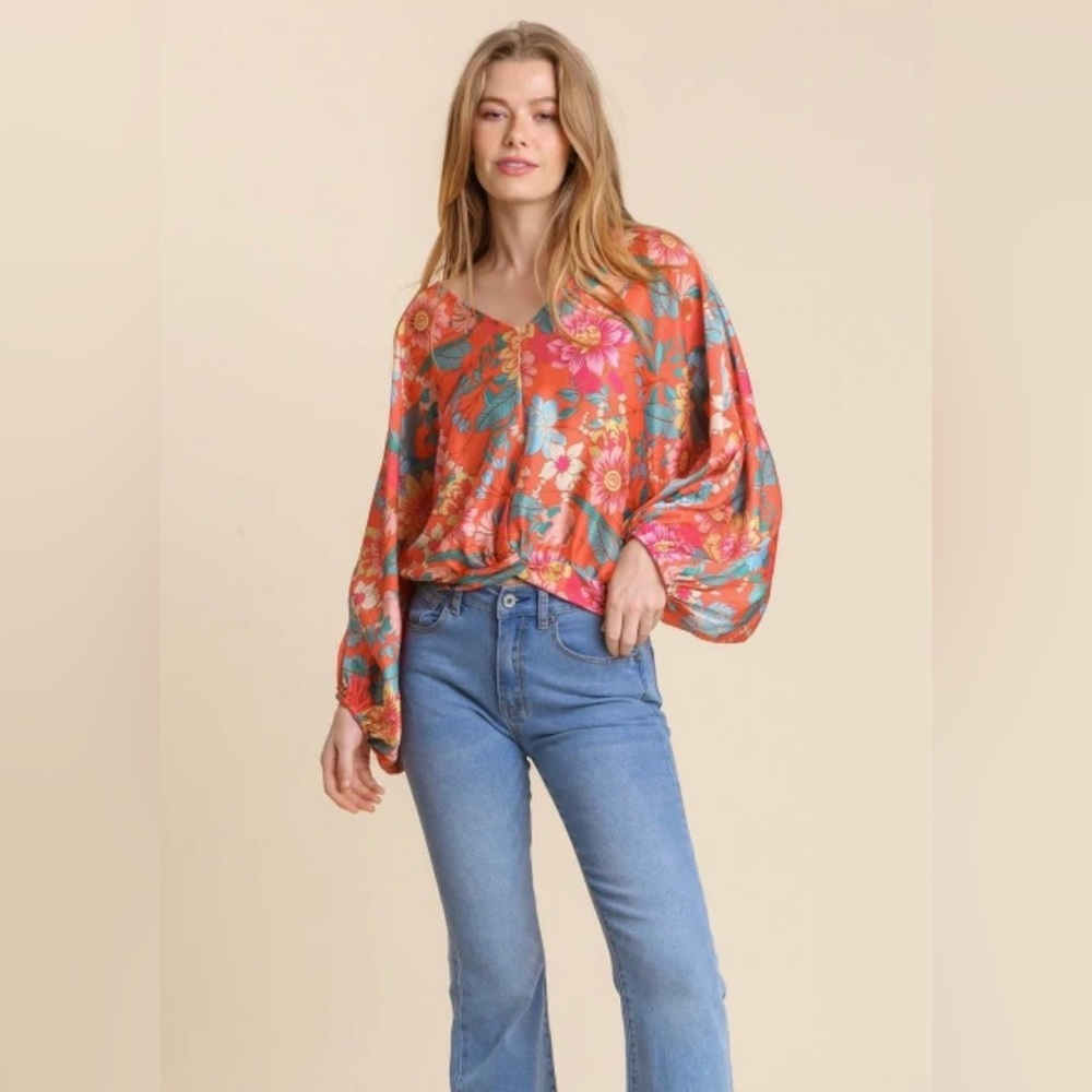 Umgee Tropical Blouse Womens S Orange Mulitcolor Floral Silky Batwing Resort Top